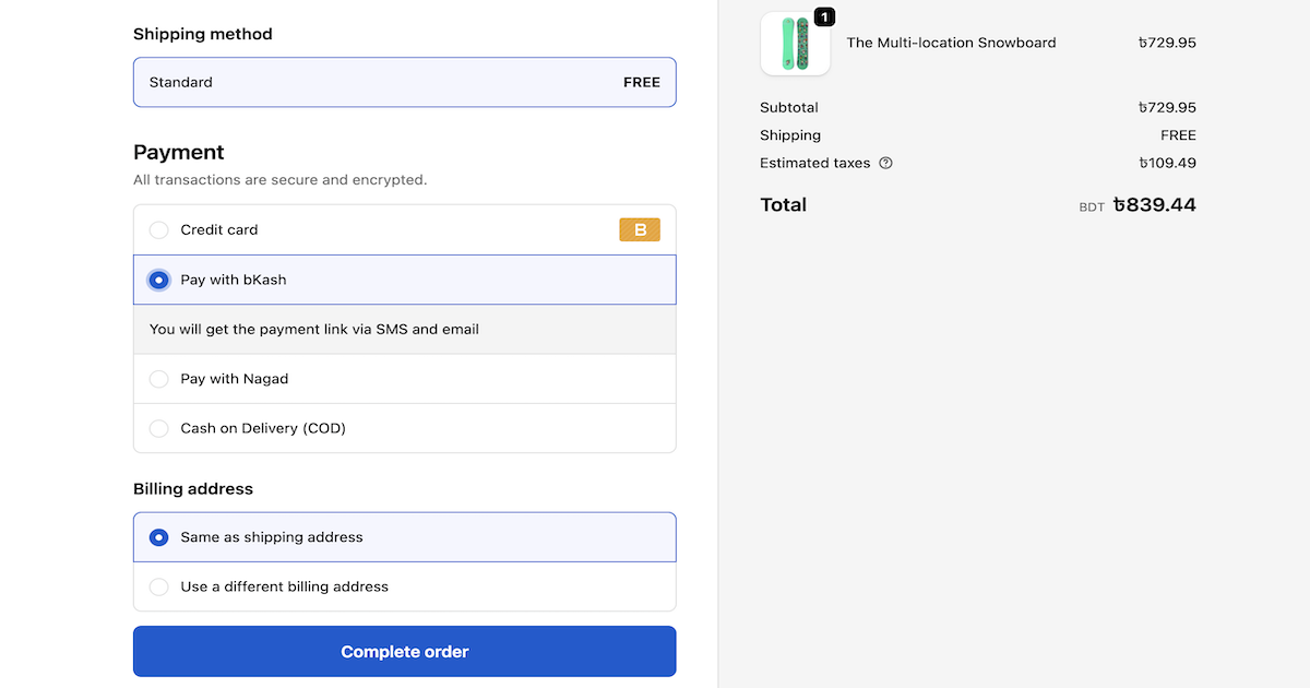 BDWallet app dashboard showing bKash and Nagad payment methods in Shopify checkout page for Bangladeshi merchants